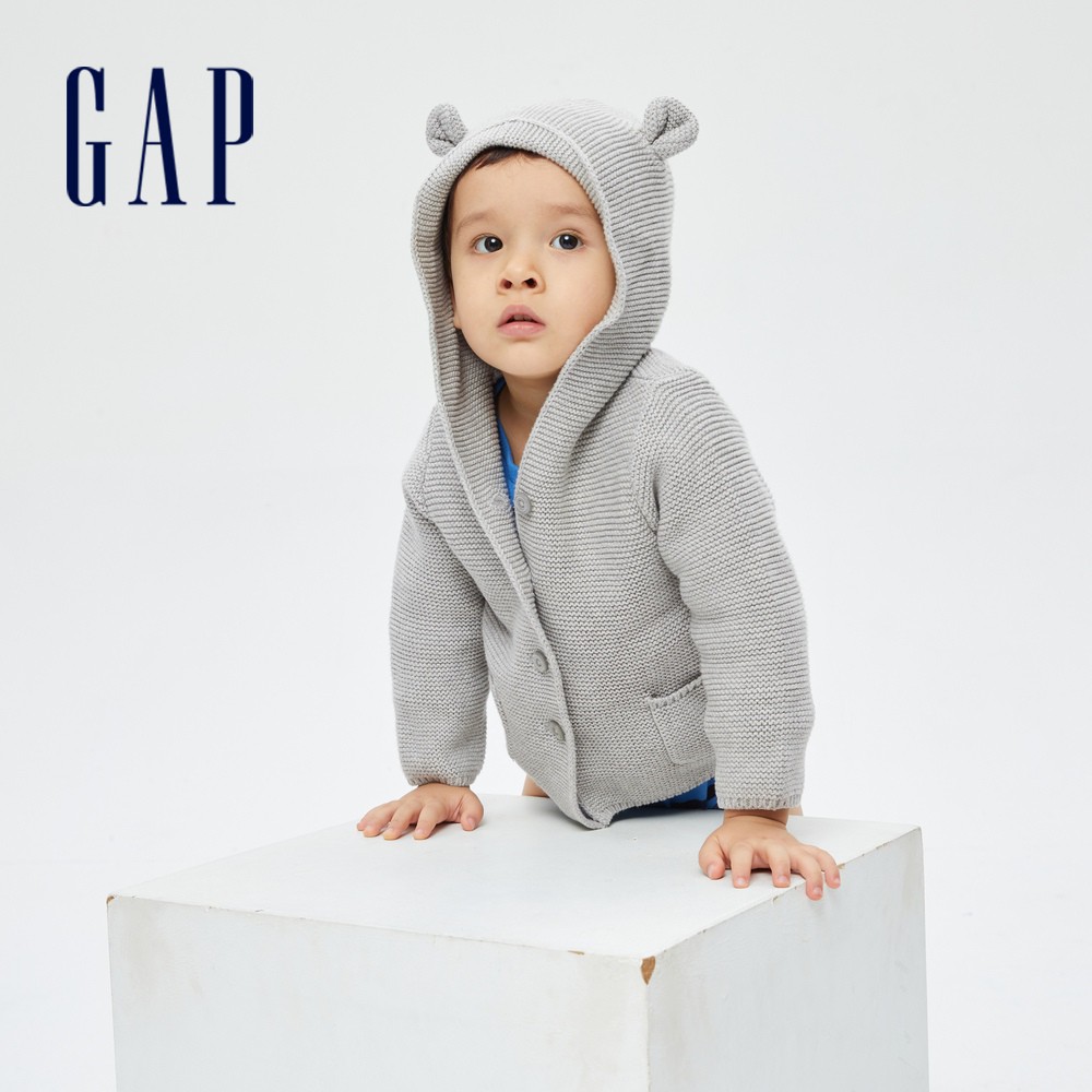 Gap 嬰兒裝 小熊造型平織連帽針織外套-淺灰(215587)