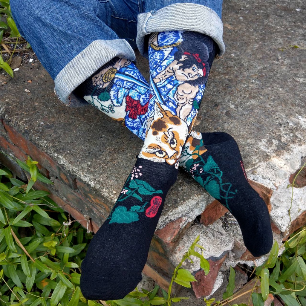 【台灣製造】鐮田又八 貓妖 妖怪襪 浮世繪 版畫 日本襪子 襪子 綿襪 日本名畫 名畫襪 針織襪 藝術襪 長襪 中筒襪