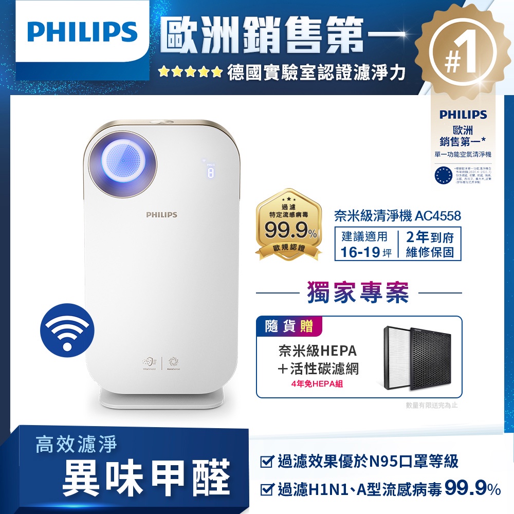 全新現貨～ 飛利浦PHILIPS奈米級抗敏空氣清淨機 AC4558