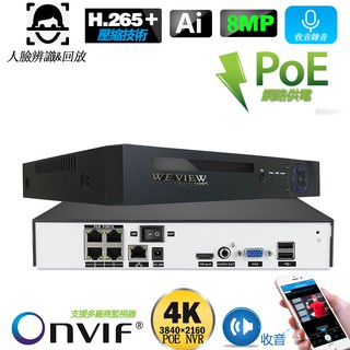 4K網路8MP 乙太網路供電NVR數位監控主機 8 /16路 800萬畫素內建PoE 人臉辨識 免設定IP 全機保固一年