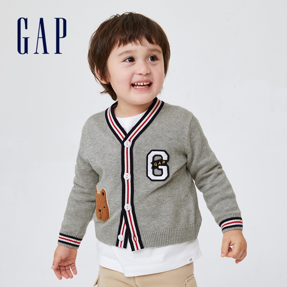 Gap 男幼童裝 純棉趣味布章針織外套-灰色(400371)