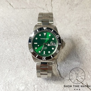 TIVOLINA 時尚潛水造型藍寶石水晶玻璃腕錶- 綠面銀 MAW3715-N [ 秀時堂 ]