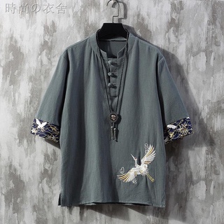 ▽亞麻短袖t恤男刺繡夏季薄款寬松大碼唐裝衣服中國風男裝棉麻體恤