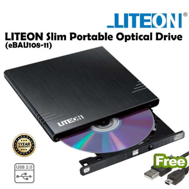Liteon 超薄 USB 供電的外部 DVD / CD 刻錄機 - 即插即用 EBAU108 (BLK)