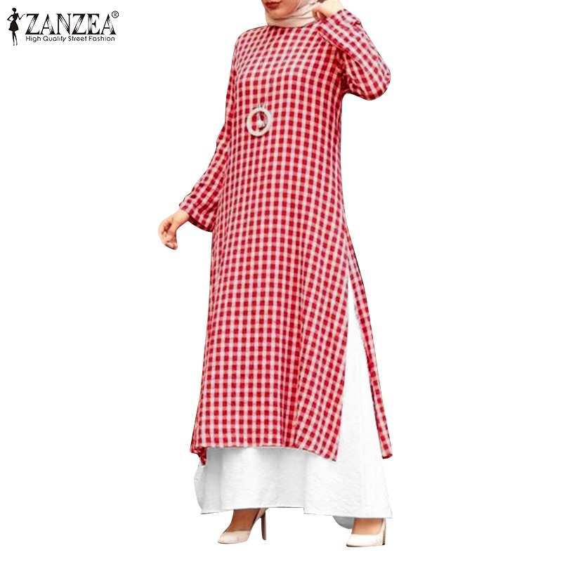 Zanzea 女士穆斯林優雅休閒套裝 O 領長袖網格印花上衣 + 寬鬆簡約臟裙