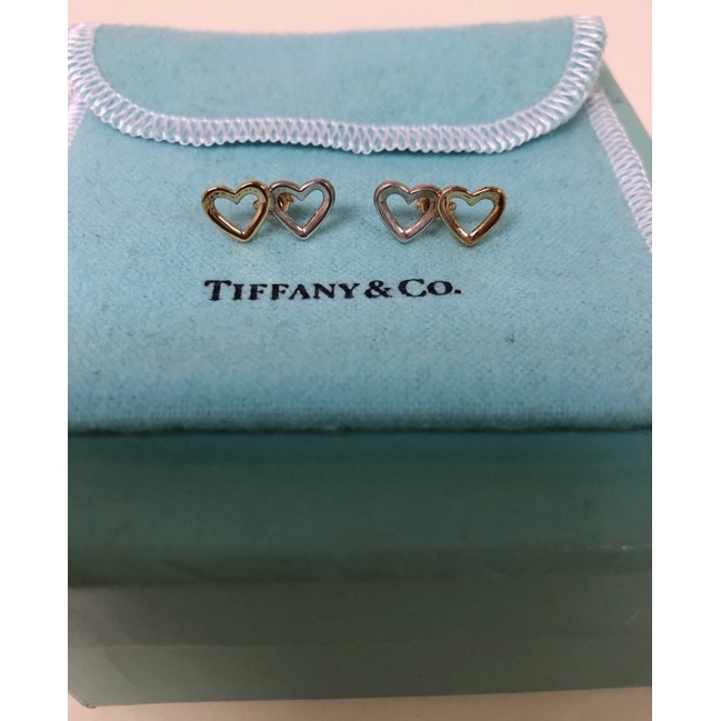 Tiffany 蒂芙尼 K金/純銀雙併愛心耳環 針式