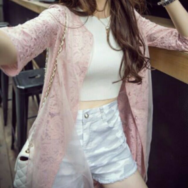 全新 韓版 超仙 勾花 蕾絲 雕花 雪紡 雙層 長版罩衫 外套 XL 大碼