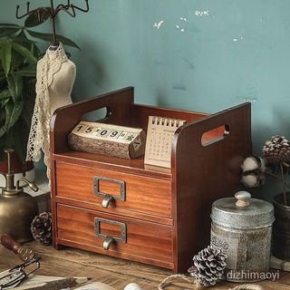 zakka木質復古收納盒桌面梳妝檯化妝品置物架辦公桌書桌抽屜式櫃