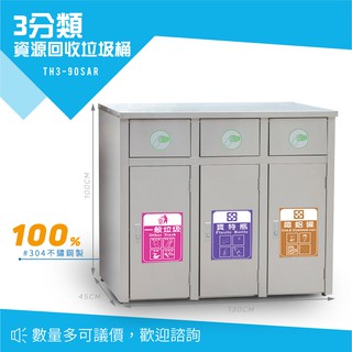 不銹鋼三分類資源回收桶 分類垃圾桶 環保回收桶 清潔箱 三分類環保回收桶 TH3-90SAR 公共垃圾桶 臺灣製造