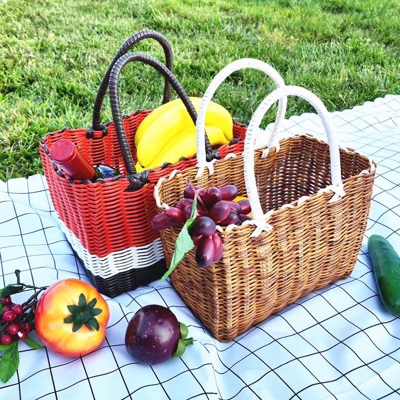 野餐籃子塑膠編織收納筐水果菜籃戶外春遊網紅必備藤編手提藍ins