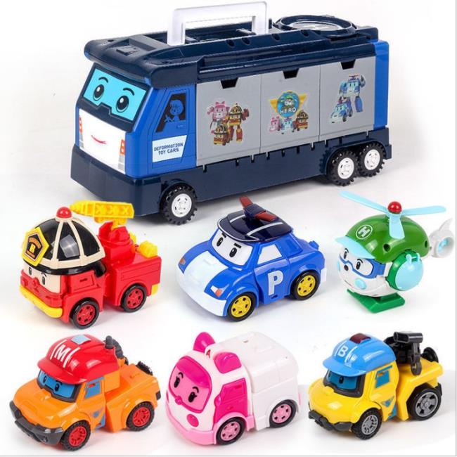 盒裝救援特警隊POLI總部收納套裝波利變形警車救援小英雄玩具車巴士6組  變形機器人消防車救護車玩具組禮物