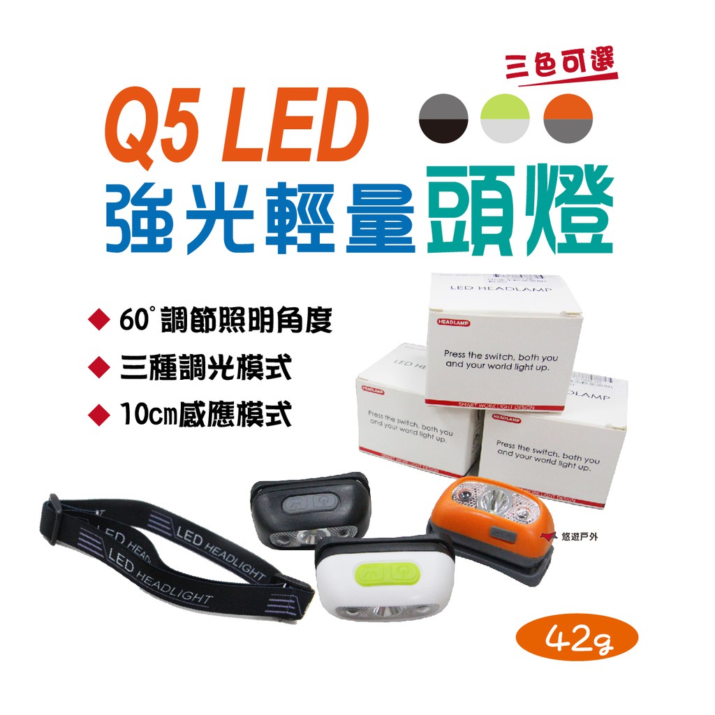 【Camp Plus】Q5 LED強光輕量頭燈 感應頭燈 USB充電迷你 防水 可拆 露營 夜釣 應急照明 悠遊戶外