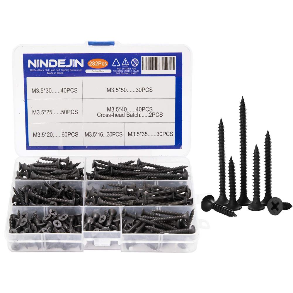 NINDEJIN 282pcs 高強度黑色磷化粗牙幹壁釘石膏板專用自攻螺絲牆板釘幹牆螺釘M3.5套裝