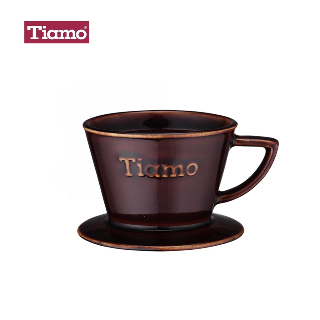 【勝曼精品咖啡】Tiamo K01 陶瓷咖啡濾杯組附滴水盤量匙 HG5292 咖啡色 蛋糕型濾杯 濾杯 咖啡器具