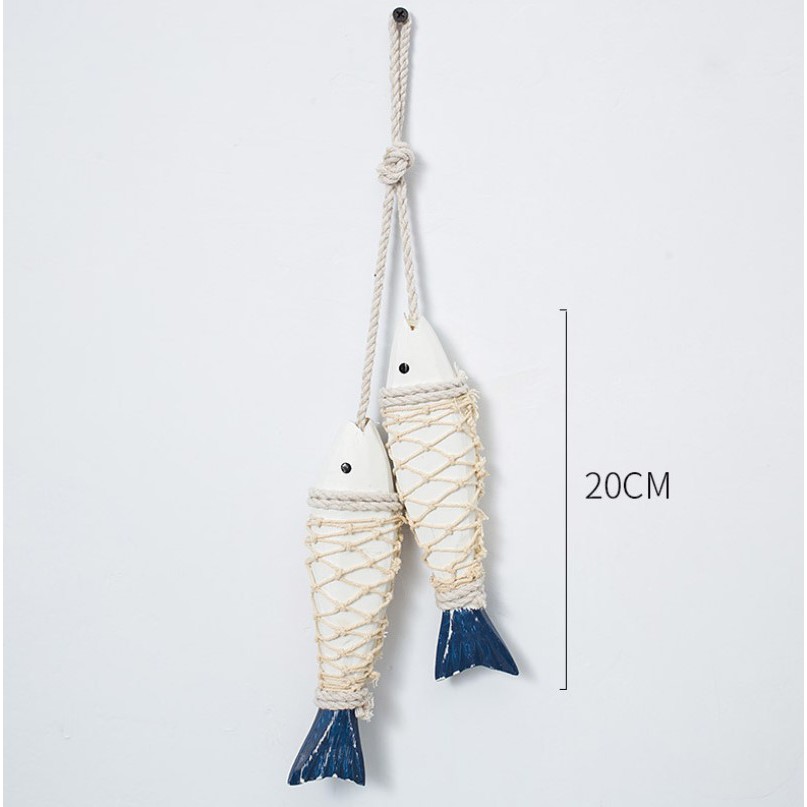 台灣現貨 Sa017海洋風手工制作魚串吊飾木掛飾木質雕刻雙魚麻繩漁網木頭魚擺件牆壁裝飾藍白海洋風掛飾壁掛畫
