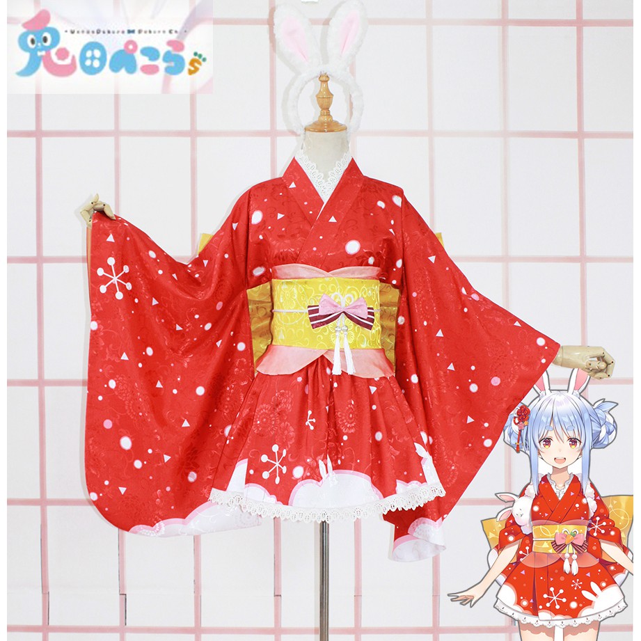 台灣出貨vtuber萌娘hololive兔田佩克拉cos紅色正月和服兔耳娘女裝 蝦皮購物