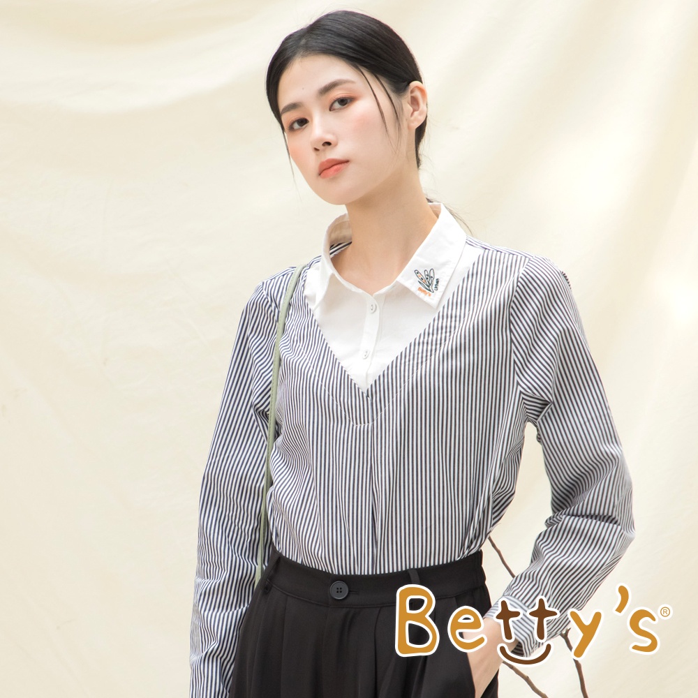 betty’s貝蒂思(15)細條紋繡花領假兩件上衣(黑色)