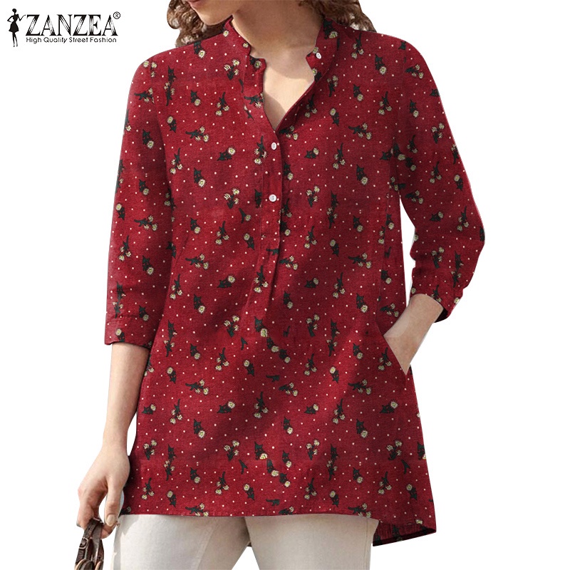 ZANZEA Women's 時尚 V 領花卉印花 3/4 袖套頭衫休閒寬鬆上衣