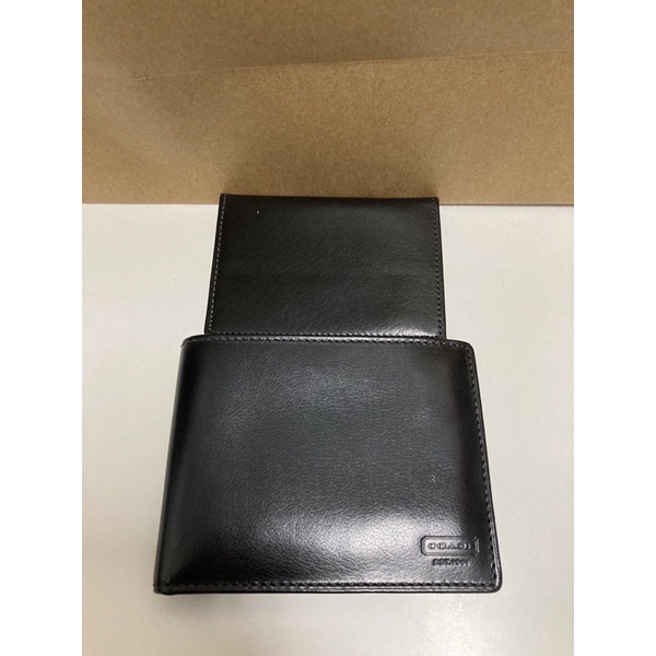 全新 COACH Compact ID Wallet 三合一皮夾 黑色純色款 簡約素色短夾 男款禮物