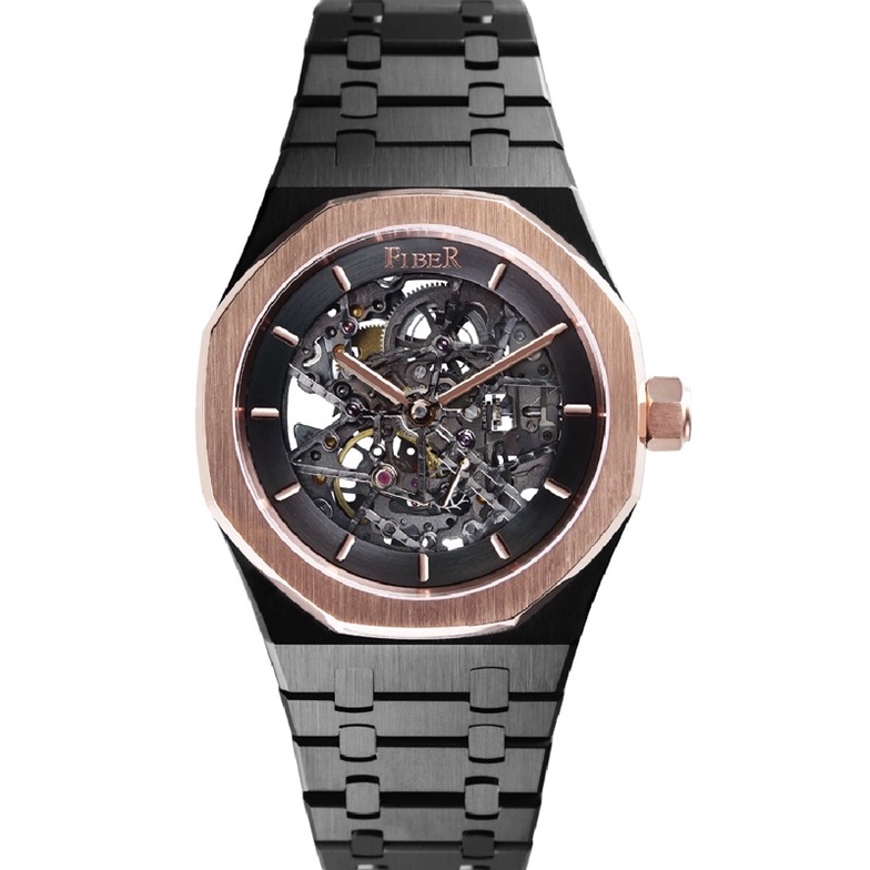 【FIBER 法柏】競速先鋒系列 鏤空黑鋼帶玫瑰金錶框紳士機械腕錶FB8017-2-05