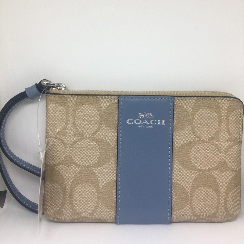 COACH 老花拼藍手拿包（附COACH紙盒）