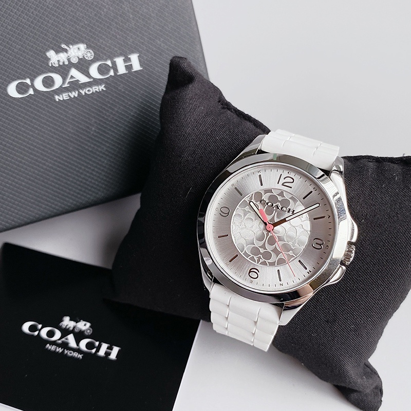 美國百分百【Coach】手錶 14503889 配件 馬車 女錶 LOGO 橡膠錶帶 印花 白色 BL26