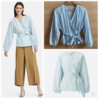【UNIQLO】S號 交叉領條紋上衣 清爽藍色條紋 長袖襯衫 開襟 綁帶 HANA TAJIMA 聯名款