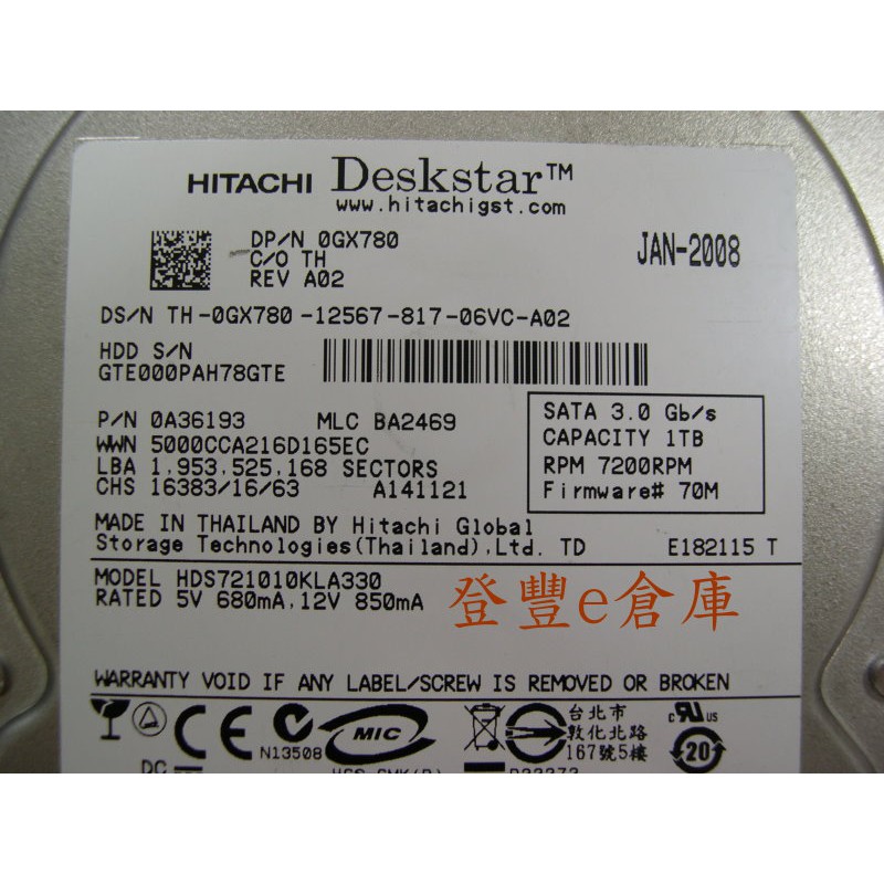 【登豐e倉庫】 YF646 Hitachi HDS721010KLA330 1TB SATA2 硬碟