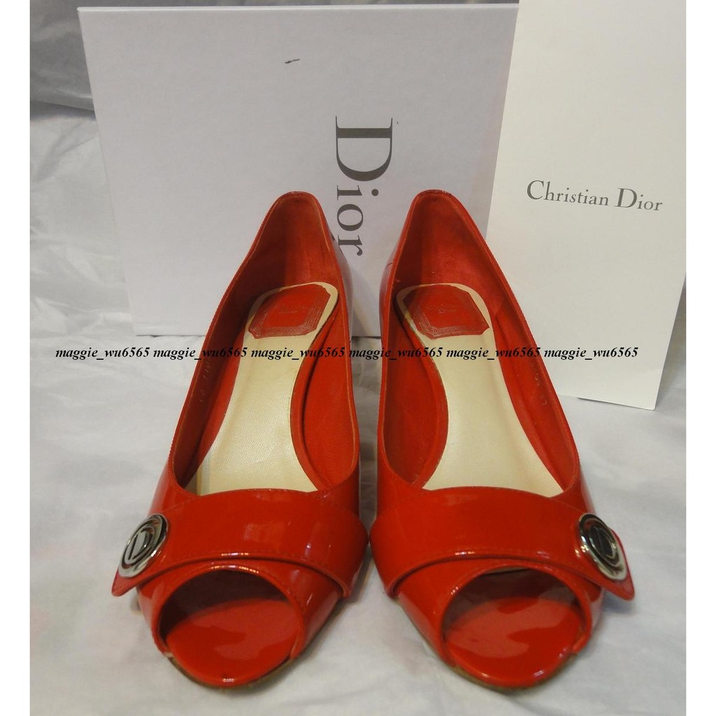 Christian Dior．銀色LOGO漆皮魚口高跟鞋．紅色 37號 2010/6月購買．9成新 全配