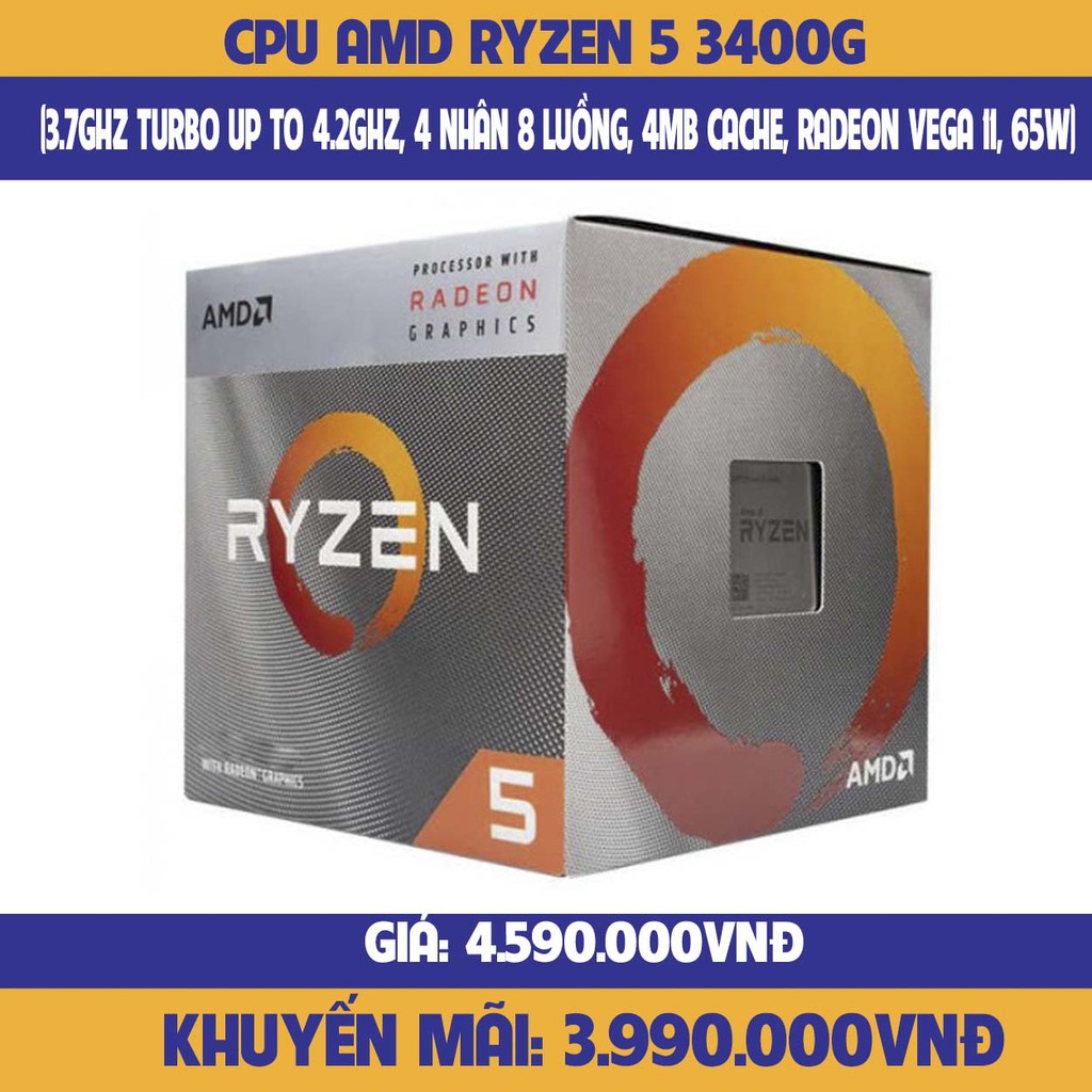 Cpu AMD Ryzen 5 3400G(高達 4.2GHz 的 3.7GHz 渦輪增壓器,4 核 8 線程,4MB