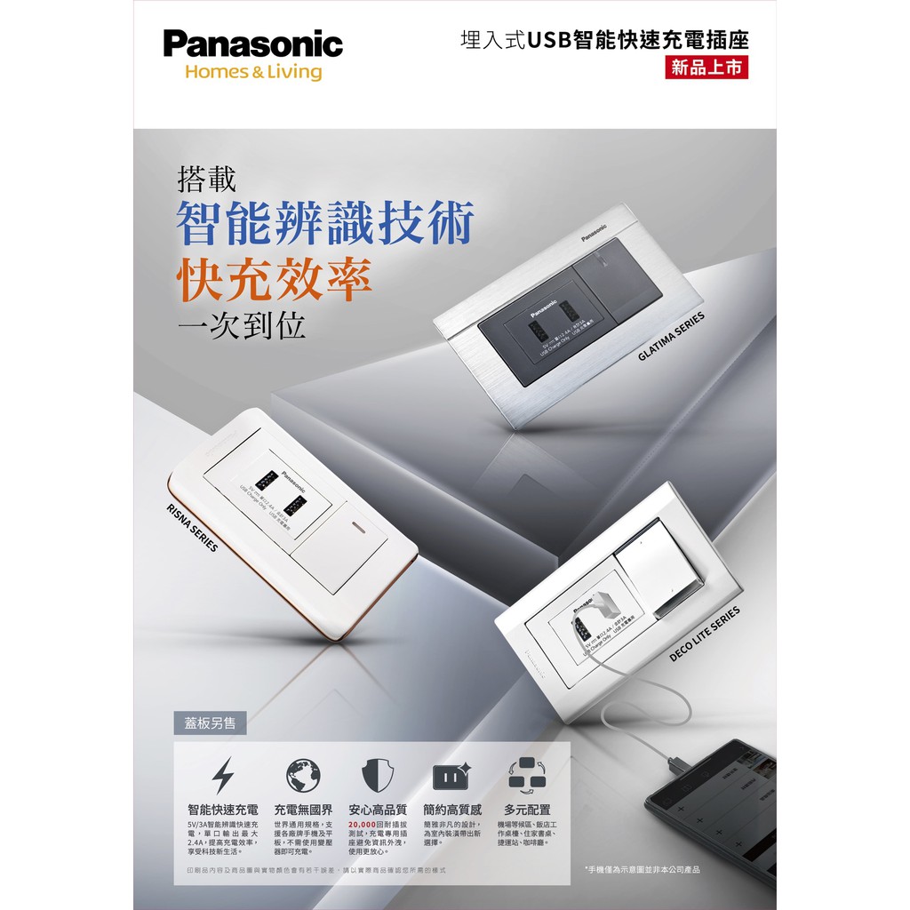 最新國際牌Panasonic Glatima系列 WTGF10721H&amp;W USB智能充電雙插＋附接地單極插座（含蓋版）