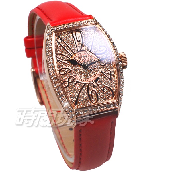 香港古歐 GUOU 閃耀時尚腕錶 酒樽型 真皮皮革錶帶 玫瑰金x紅 G8200玫紅【時間玩家】