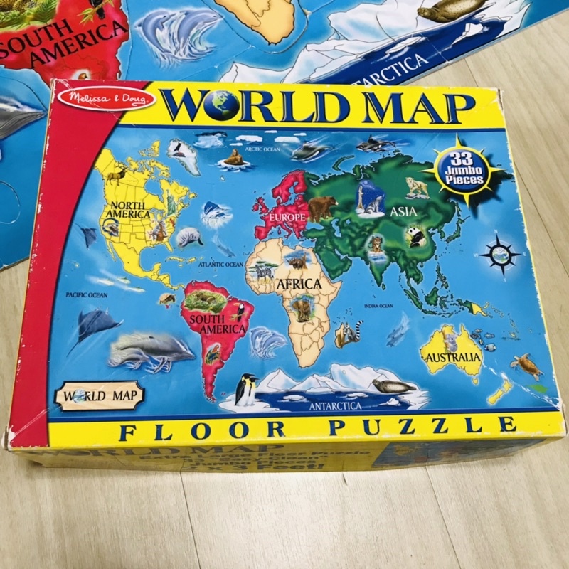 Melissa&amp;Doug 大型地板拼圖 地板拼圖 33片 世界地圖 world map 二手拼圖