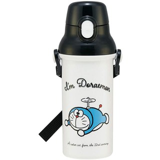 小禮堂 哆啦A夢 日製 直飲式水壺附背帶 塑膠水瓶 兒童水壺 隨身瓶 480ml (黑白 初期)