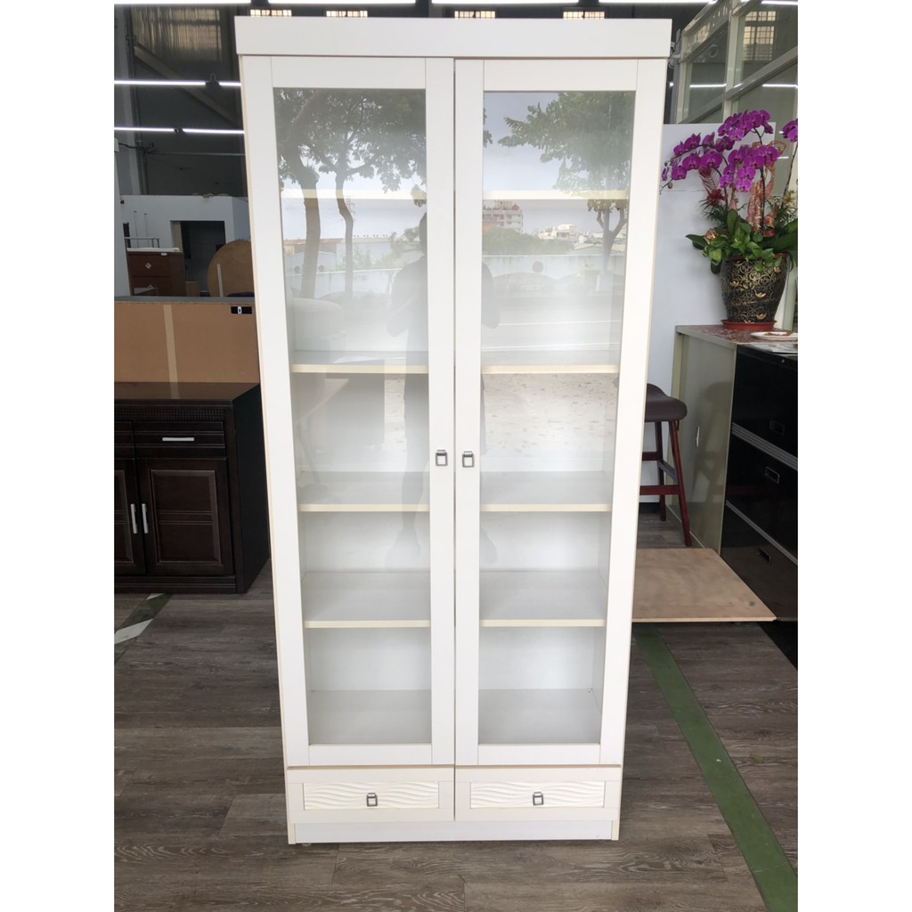 吉田二手傢俱❤白色玻璃雙門雙抽屜書櫃展示櫃置物櫃櫥櫃儲物櫃