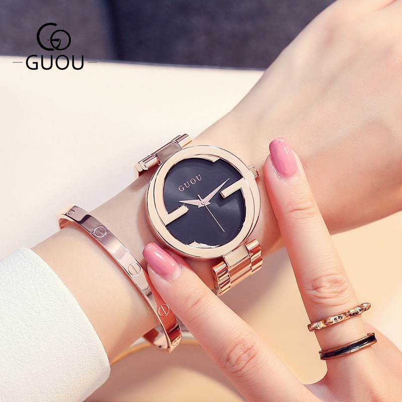 GUOU古歐 8174 鋼帶手錶簡約大方無刻度鋼帶手錶潮流個性復古 女士手錶 女生禮物