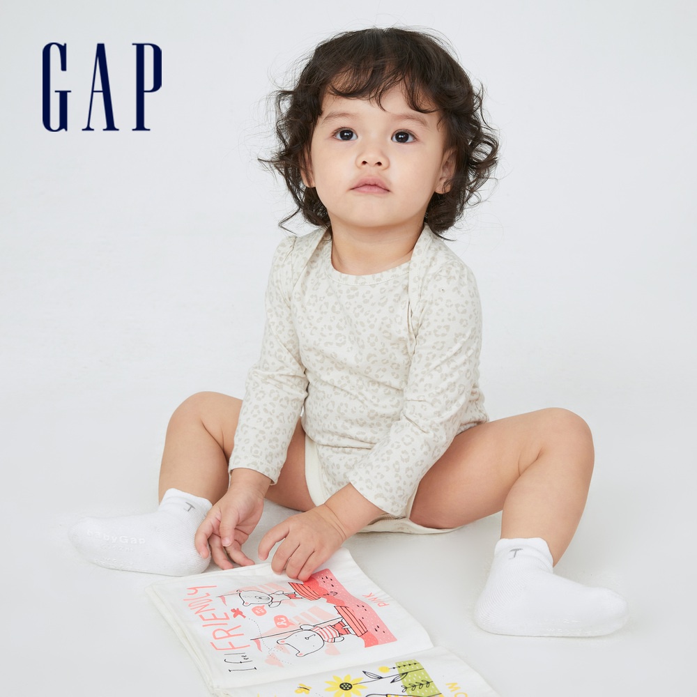 Gap 嬰兒裝 純棉印花信封領長袖包屁衣-白底豹紋(429584)