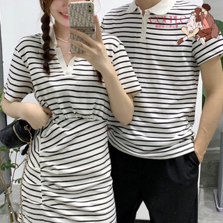 【COUPLE】2022夏季🔥🔥新品條紋學院風短袖連衣裙t恤衫男款學院風情侶裝