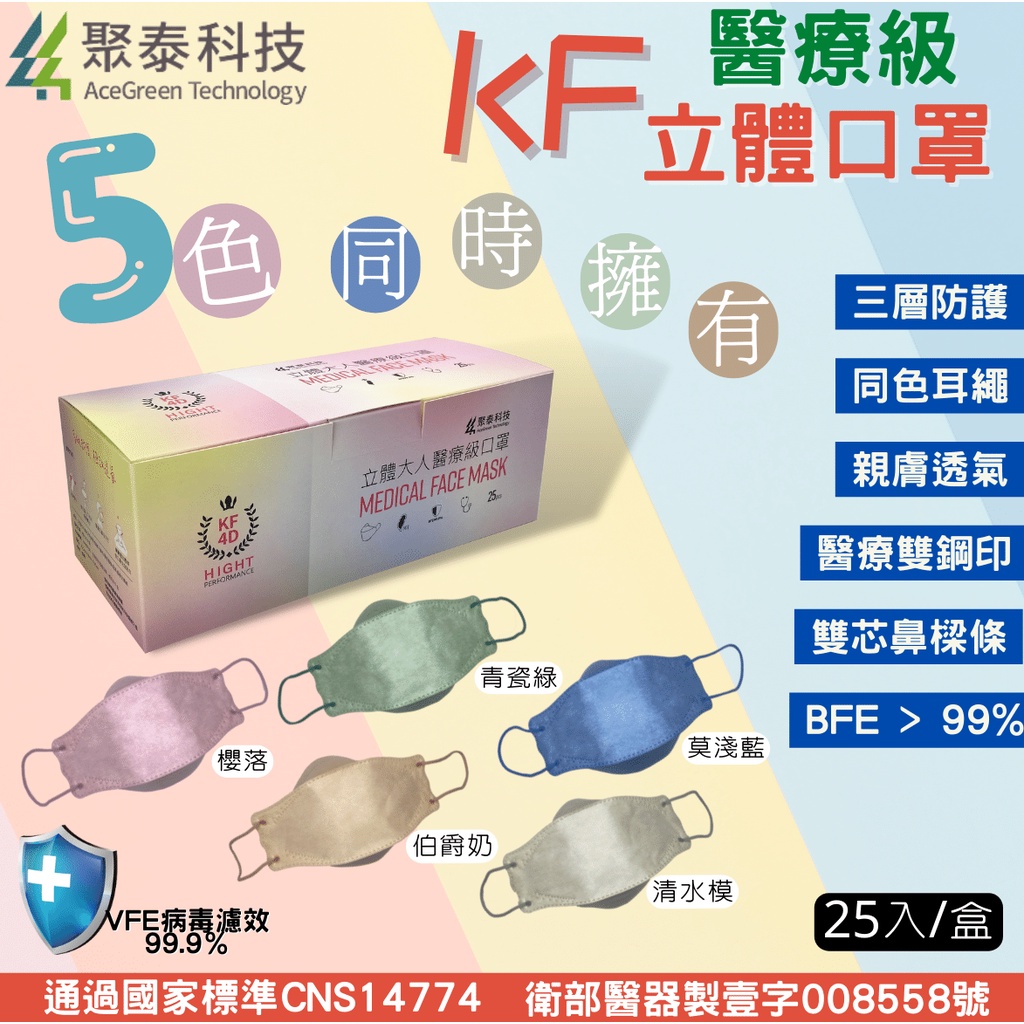 聚泰 KF 醫療立體口罩 4D口罩 醫療成人口罩 立體口罩 醫用口罩 彩色口罩 雙鋼印 25入/盒