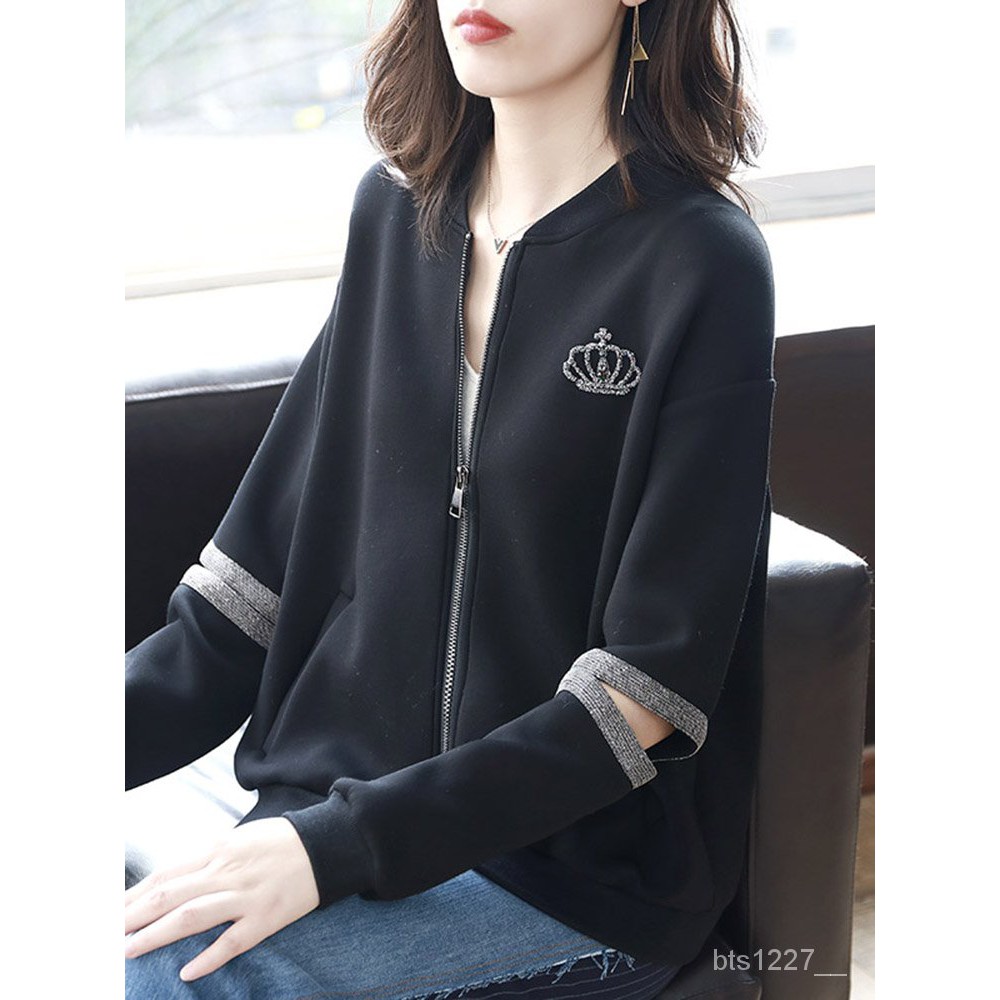 寶詩黎黑色太空棉外套女韓版寬鬆棒球服2021年春季新款時尚上衣潮 35K6