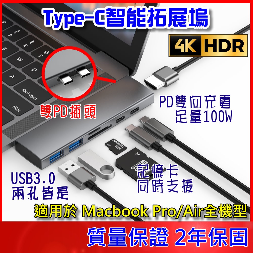 ✅2年保✅ TYPE-C 轉 USB 4K高畫質 HDMI 擴充 PD 轉接器 MacBook 讀卡機 HUB 拓展塢
