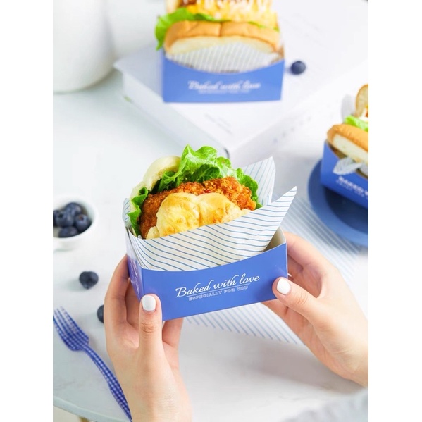 ▵甜日莊烘焙▵ 清爽藍色系三明治盒 藍色條紋油紙 厚蛋燒包裝 吐司漢堡包裝油紙 薯條防油紙
