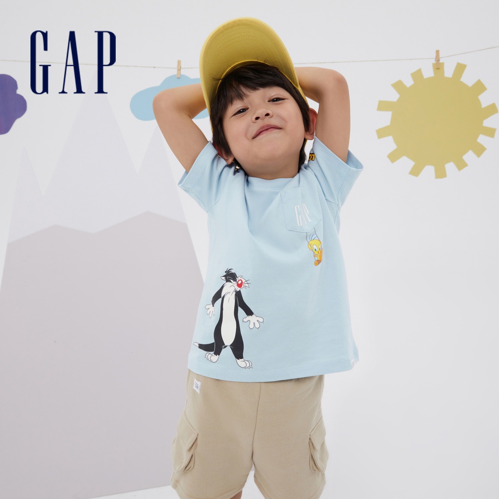 Gap 幼童裝 Gap x Warner Bros聯名 Logo純棉短袖T恤-淺水藍(842100)