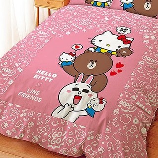 =YvH=床包 或 涼被 單人 Kitty Line 熊大兔兔 手偶同學會 單人床包 附枕套 台灣印染製造