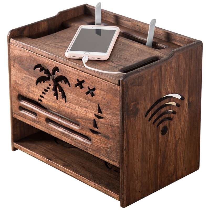 ✒┋桌面實木無線路由器收納盒WIFI盒子機頂盒置物架光貓插座電線盒收納盒子