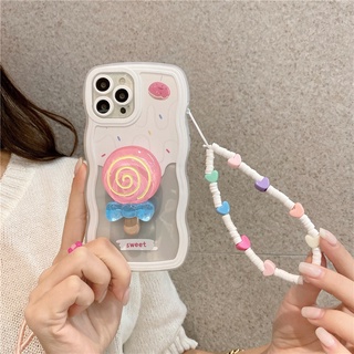 可愛冰淇淋棒棒糖支架手機殼 適用於iPhone13 12 11 pro max xs xr 7 8 plus掛繩波浪手機