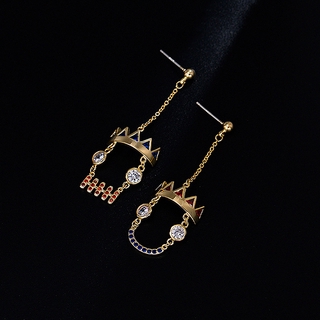 個性時尚創意皇冠骷髏耳環搞怪不對稱耳環高檔微鑲鋯石耳飾18K