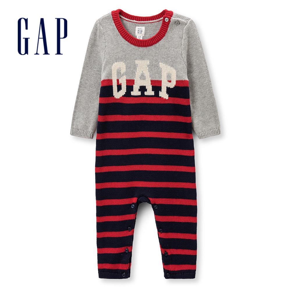 Gap 嬰兒裝 Logo條紋針織包屁衣-淺麻灰(402652)