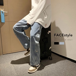FACEstyle【新春2色.28~36腰】側邊排釦潮流設計水洗牛仔寬鬆直筒褲 牛仔寬褲.抓破.丹寧.刷白「C2031」
