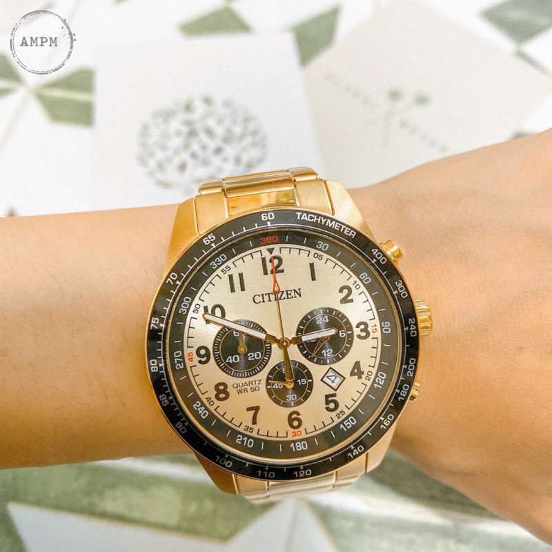 全新 現貨 CITIZEN AN8162-57P 星辰錶 手錶 44mm 三眼計時 金面盤 金色鋼錶帶 金錶 男錶女錶